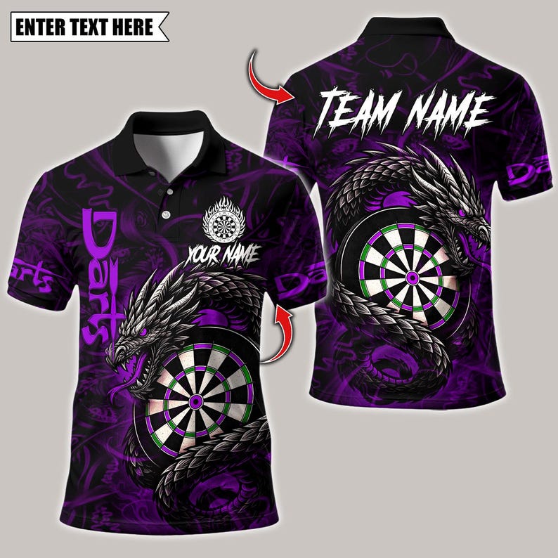 Personalized Name Dart Polo Shirt, Darts Custom Black And Blue Flame Dragon Design ,Custom Team Shirt for Men, Gift for Darts Players