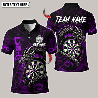 Personalized Name Dart Polo Shirt, Darts Custom Black And Blue Flame Dragon Design ,Custom Team Shirt for Men, Gift for Darts Players