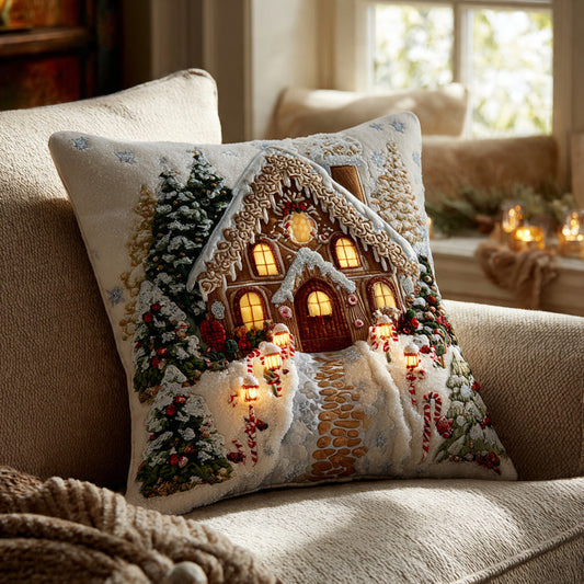 Gingerbread Cottage LED Quilted Pillow – Candy Cane Christmas House Decor