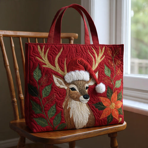 Elegant Stag in Santa Hat Poinsettia Tote