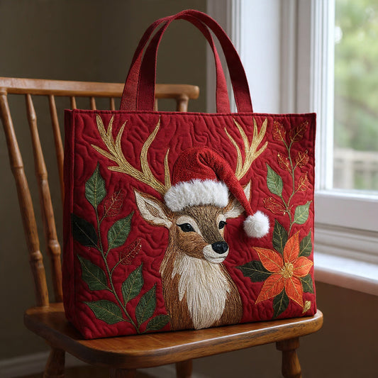 Elegant Stag in Santa Hat Poinsettia Tote