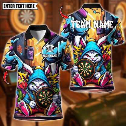 Personalized Name Dart Polo Shirt, Cool Bunny Street Style Graffiti With Dartboard Design ,Custom Team Shirt for Men, Gift for Darts Players