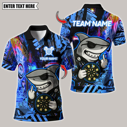 Personalized Name Dart Polo Shirt, Darts Shark Graffiti Style Multicolor Design ,Custom Team Shirt for Men, Gift for Darts Players