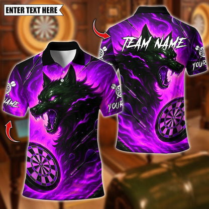 Personalized Name Dart Polo Shirt, Darts Flame Wolf Dartboard Design ,Custom Team Shirt for Men, Gift for Darts Players