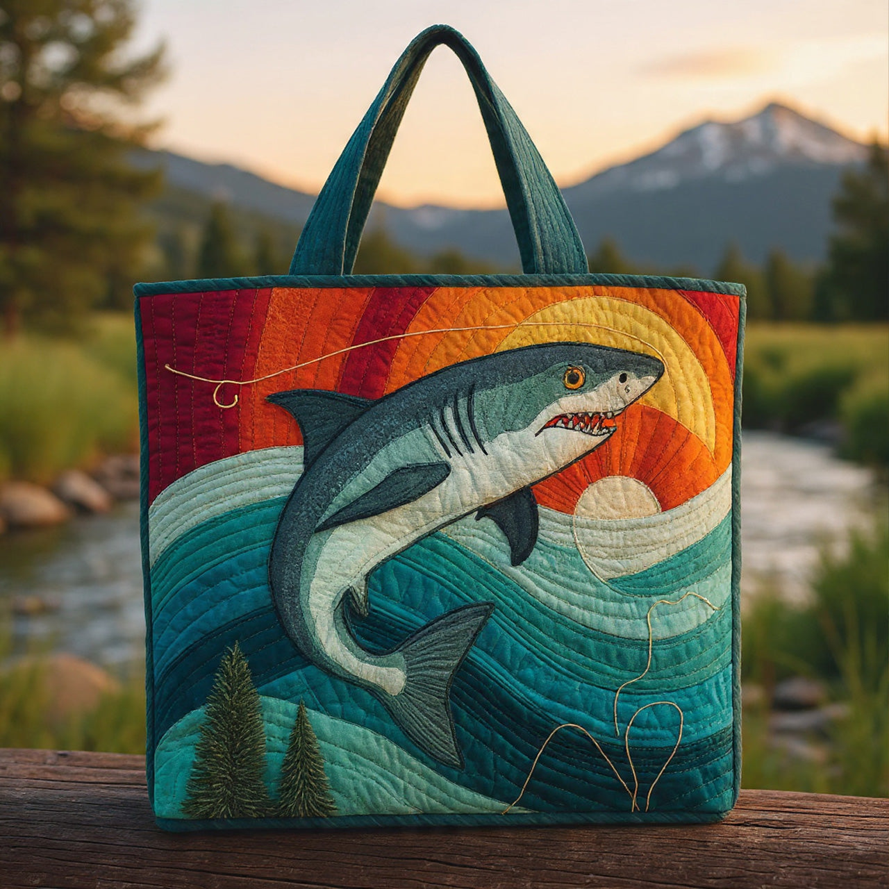 Sunset Waves Shark Quilted Tote Bag