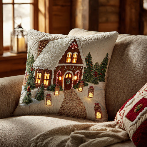 Gingerbread House Pathway LED Cushion – Cozy Holiday Embroidered Pillow