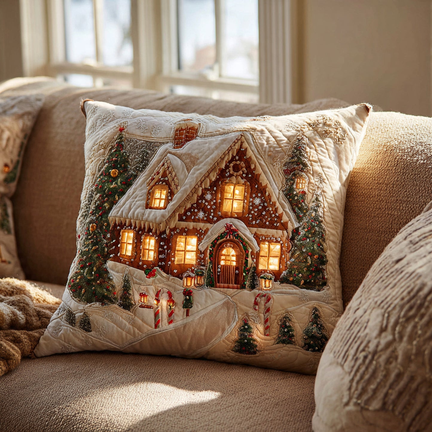 Snowy Candy Cottage LED Pillow – Christmas Village Quilted Cushion