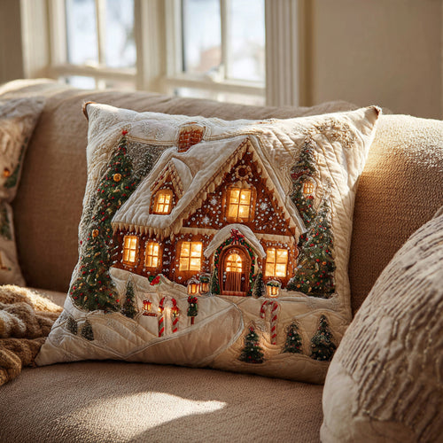 Snowy Candy Cottage LED Pillow – Christmas Village Quilted Cushion