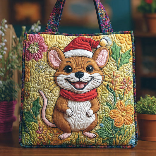 Merry Santa Mouse Floral Quilted Tote