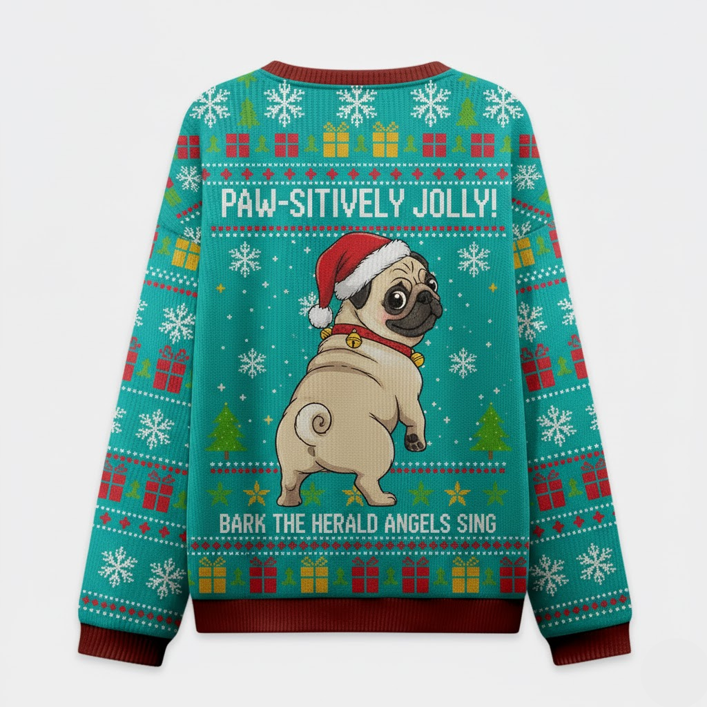 🐶 Pawsitively Jolly Pug Sweater – Funny Dog Lover Ugly Christmas Pullover