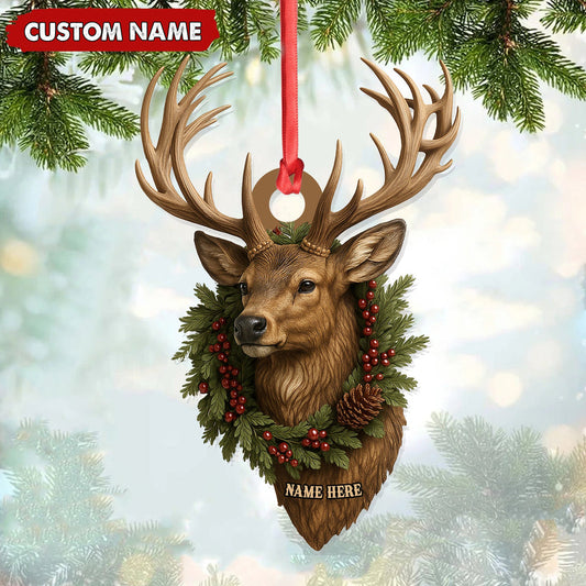Personalized Rustic Deer Head Christmas Acrylic Ornament – 3D Holiday Decor & Perfect Gift for Hunters & Nature Lovers