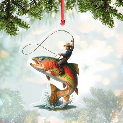 Personalized Funny Fishing Acrylic Ornament - Cowboy Riding Fish Christmas Decoration for Fishermen