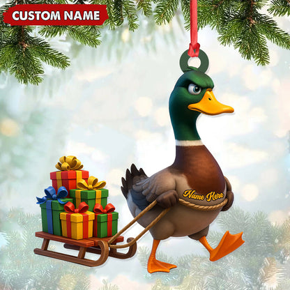 Funny Duck Acrylic Christmas Ornament - Mallard Pulling Gifts, Unique Christmas Gift for Hunters