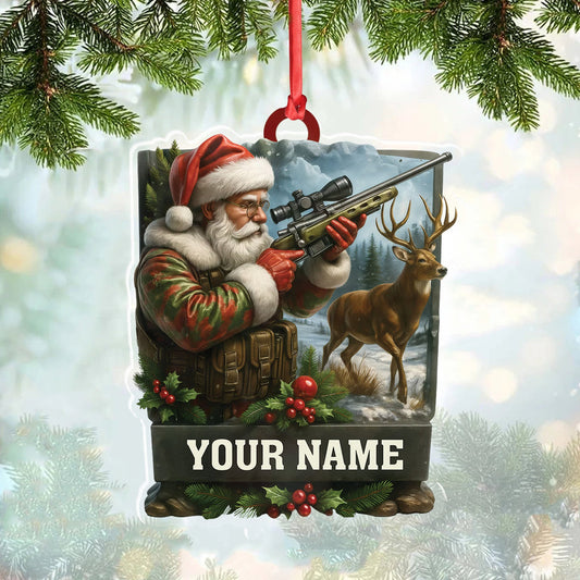 Custom Name Santa Hunter Ornament, Deer Hunting Christmas Tree Decor, Personalized Camo Gift