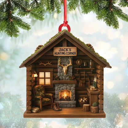 Personalized Hunter’s Cabin Ornament, Custom Log Cabin Christmas Decoration for Outdoor Lovers