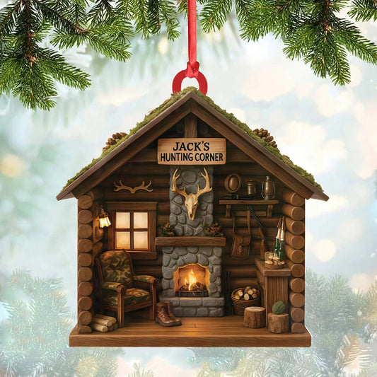 Personalized Hunter’s Cabin Ornament, Custom Log Cabin Christmas Decoration for Outdoor Lovers