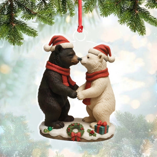 Christmas Bear Couple Figurine Acrylic Ornament – Cute Holiday Decor for Couples, Polar and Brown Bear Love Statue, Romantic Christmas Gift for Him or Her