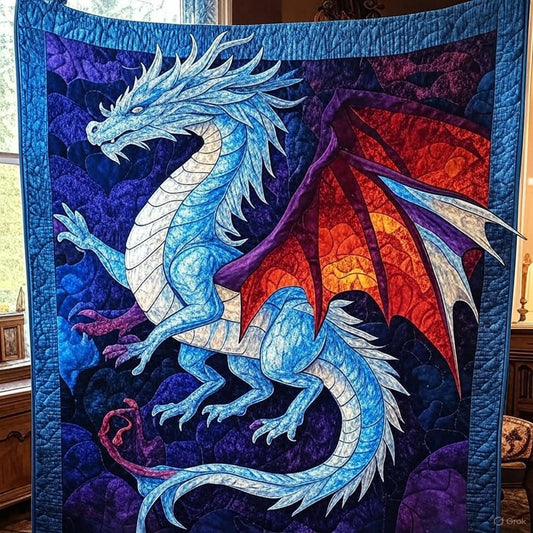 Ice Wyvern with Ember Wings — Dragon Quilt Blanket