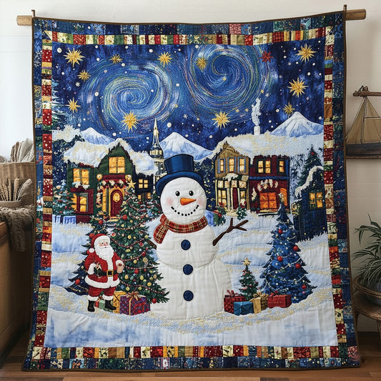 Starry Night Snowman Village Christmas Quilt — Santa & Tree Holiday Throw