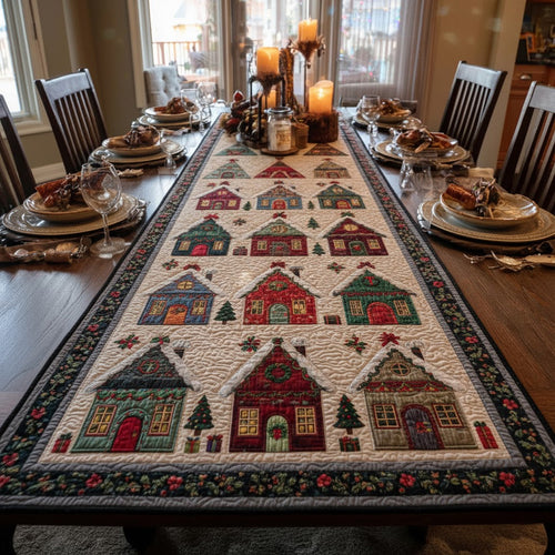 Christmas Village Quilted Table Runner — Holiday Houses & Trees Dining Decor