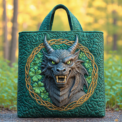 Celtic Wolf Guardian Embroidered Quilted Tote Bag – Emerald Green