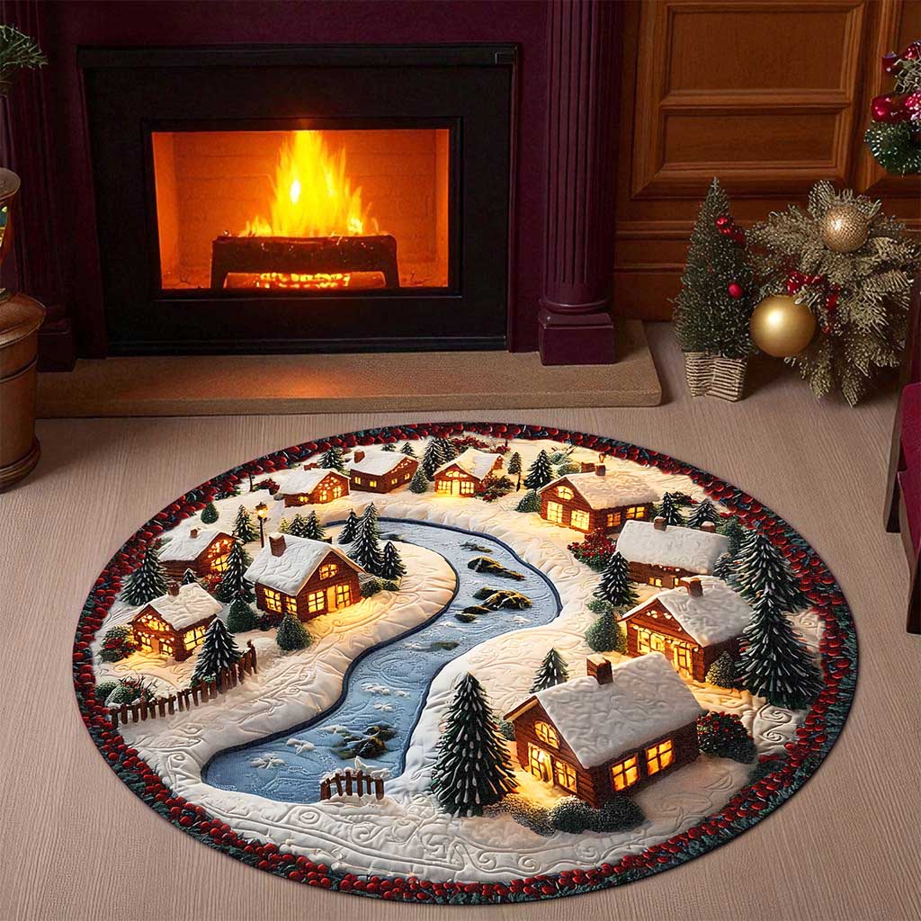 3D Printed Christmas Village Scene Small Snow Houses Round Rug