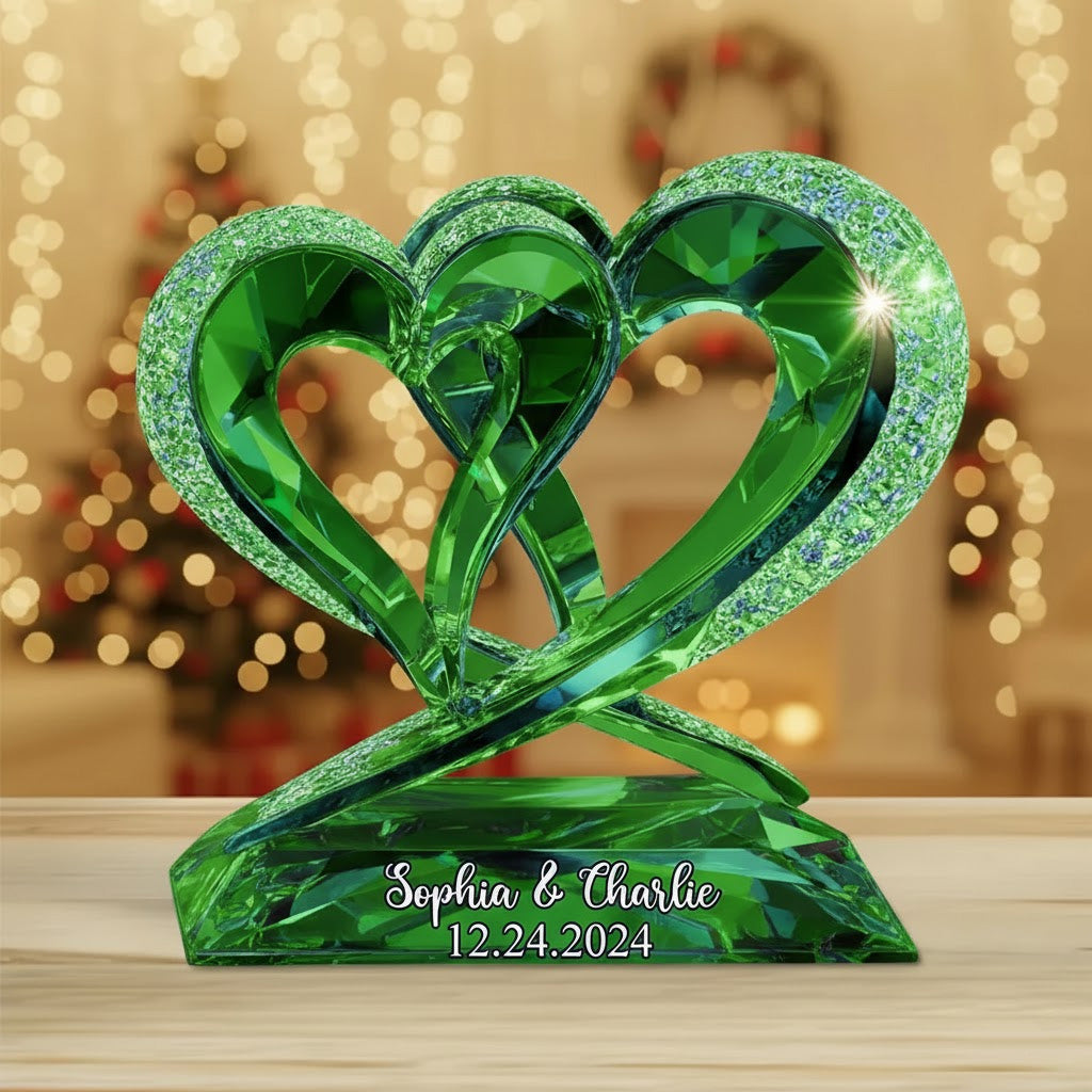 Personalized Emerald Double-Heart Crystal Sculpture – Names & Date