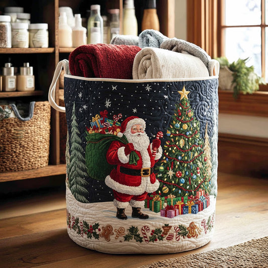 Santa & Christmas Tree Quilted Laundry Basket — Collapsible Holiday Storage Hamper