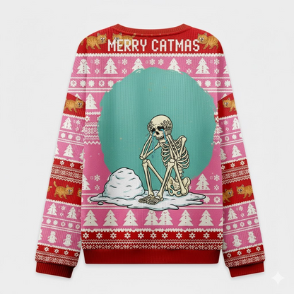 💀 Skeleton & Cats Christmas Sweater – Funny Snowman Chaos Ugly Holiday Jumper