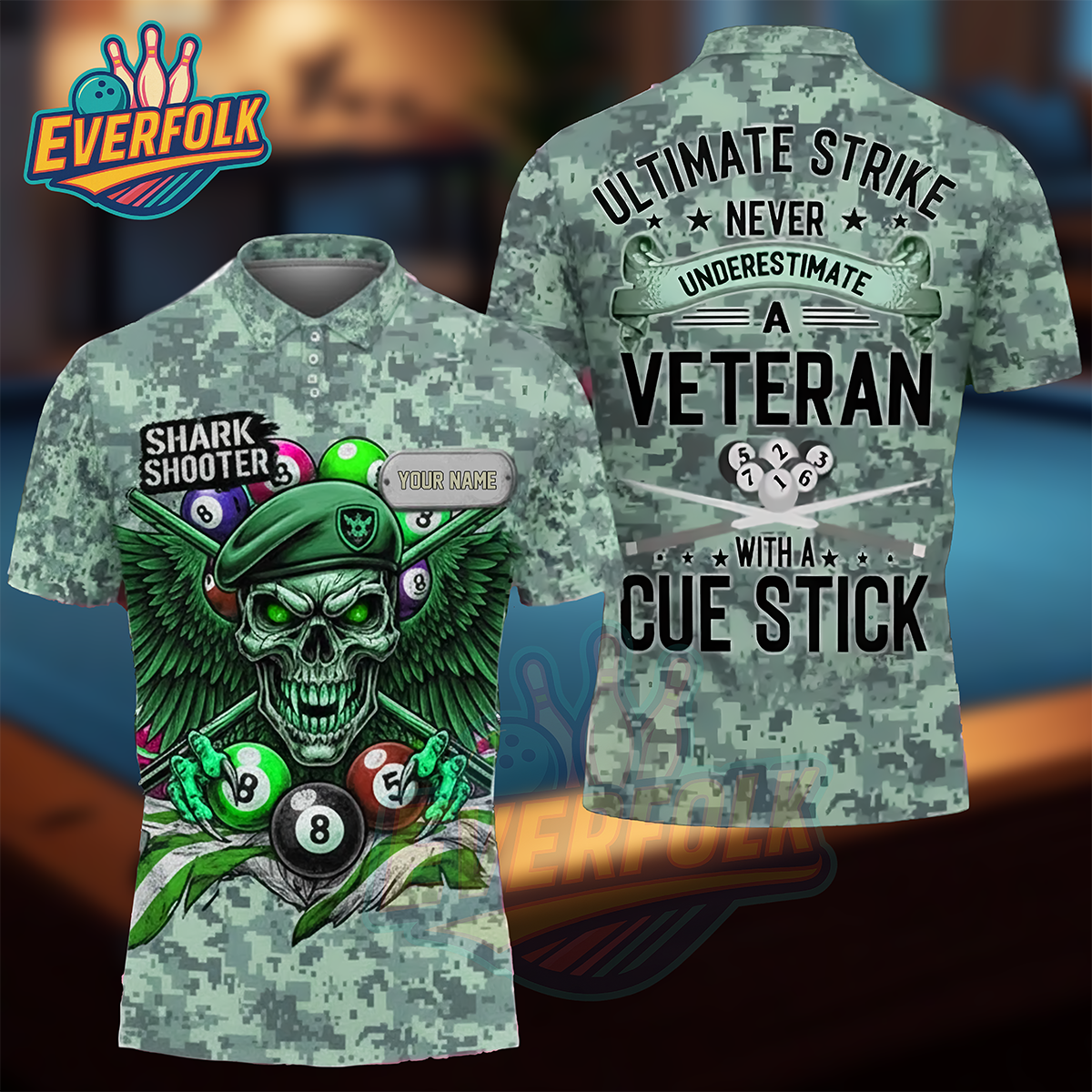 Ultimate Strike – Veteran Shark Shooter Camo Polo for Billiards Lovers