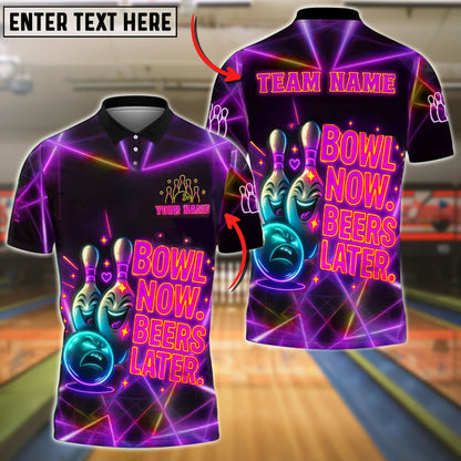 Bowling And Pins Neon Now Beers Later Funny Quote Customized Name 3D Shirt (4 Colors)