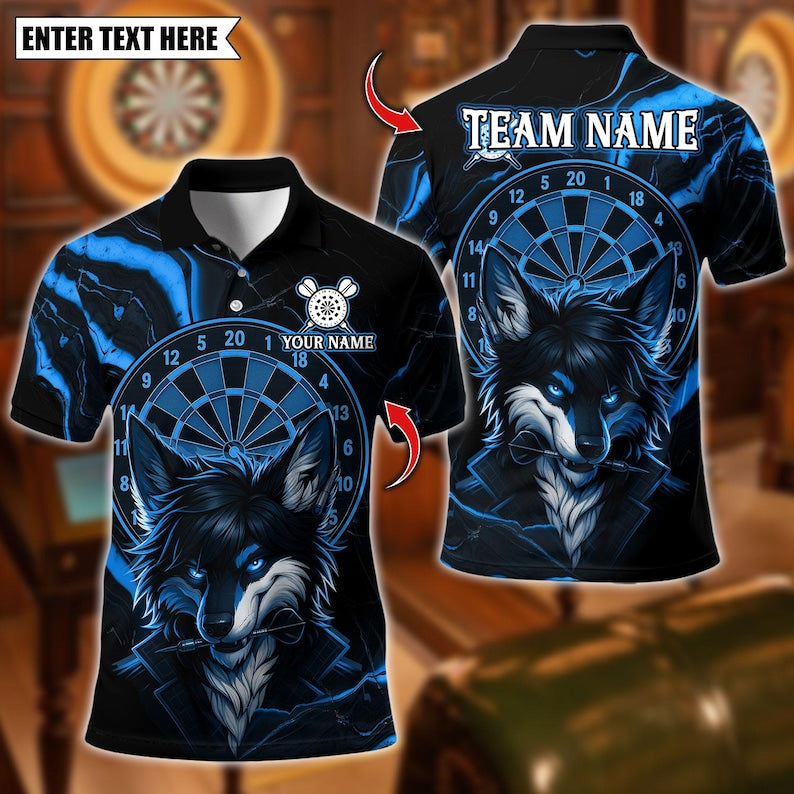Personalized Name Dart Polo Shirt, Cool Wolf With Dartboard Design ,Custom Team Shirt for Men, Gift for Darts Players