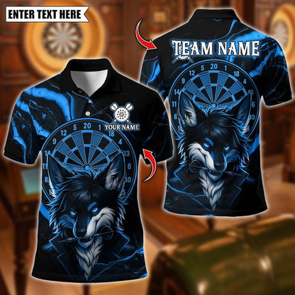 Personalized Name Dart Polo Shirt, Cool Wolf With Dartboard Design ,Custom Team Shirt for Men, Gift for Darts Players
