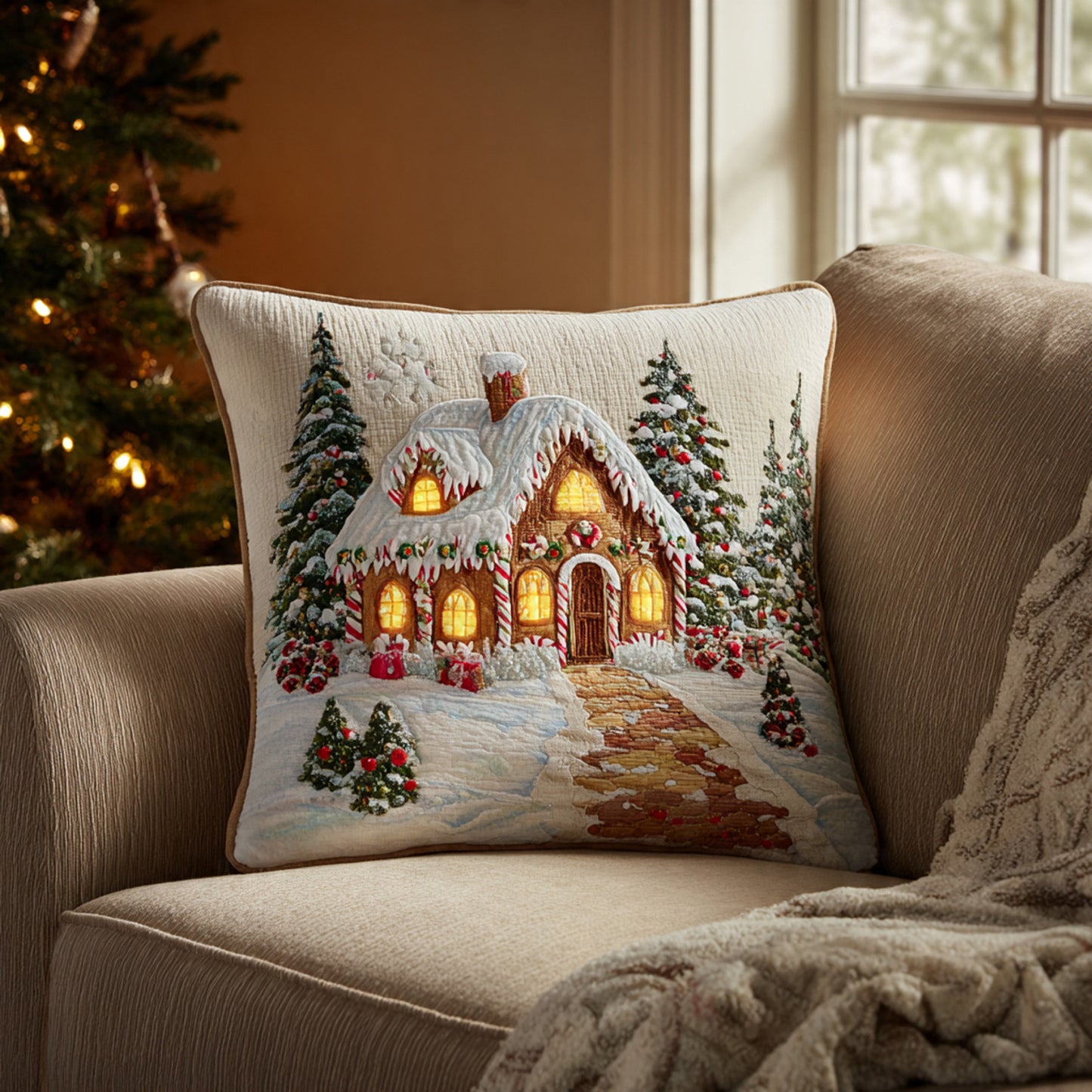 Warm Gingerbread Home LED Throw Pillow – Festive Winter Cabin Decor