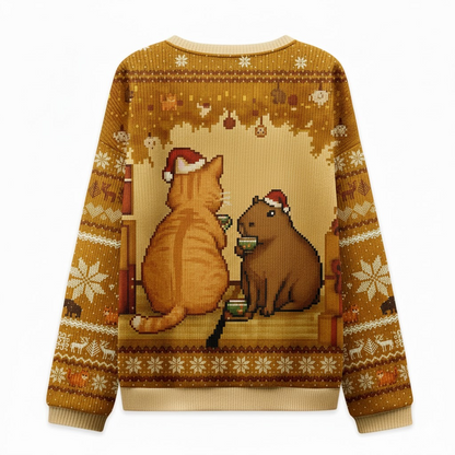 🐱 Cozy Cat & Capybara Sweater – Cute Retro Pixel Christmas Pullover