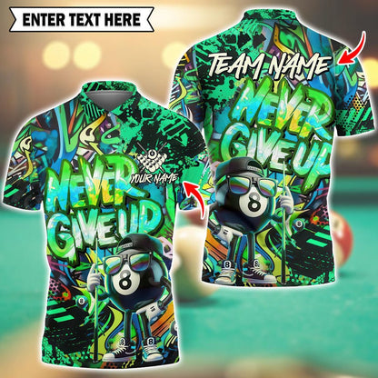 Custom 3D Billiard Polo Shirt, Graffiti 8-Ball "Never Give Up" Design with Personalized Name & Team Name, Team billiard uniform