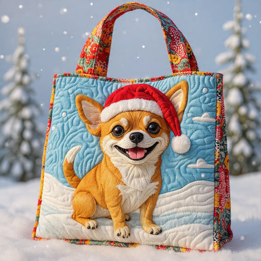 Santa Chihuahua Quilted Tote Bag – Festive Dog Embroidery