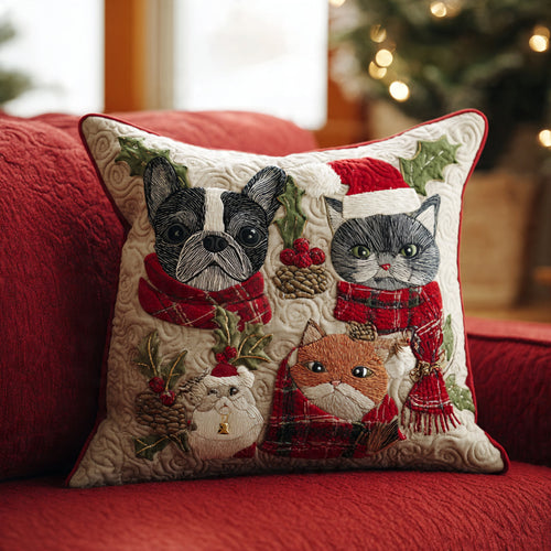 Christmas Pets Throw Pillow — Bulldog & Cozy Cats in Plaid Scarves