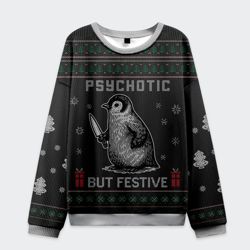Funny Penguin Psychotic But Festive Christmas Ugly Sweatshirt