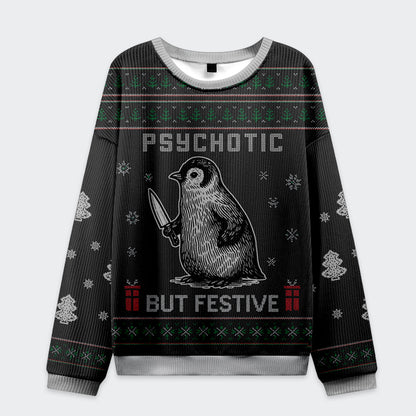 Funny Penguin Psychotic But Festive Christmas Ugly Sweatshirt