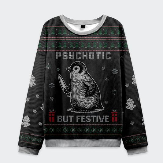 Funny Penguin Psychotic But Festive Christmas Ugly Sweatshirt