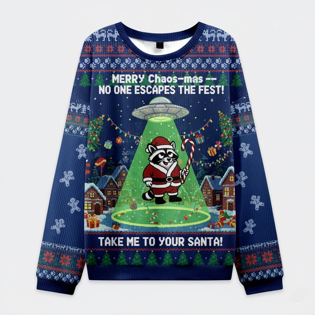 🛸 Merry Chaos-mas Ugly Christmas Sweater – Alien Abduction Raccoon Holiday Jumper