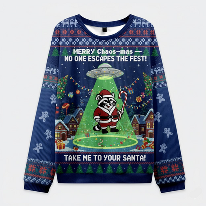🛸 Merry Chaos-mas Ugly Christmas Sweater – Alien Abduction Raccoon Holiday Jumper