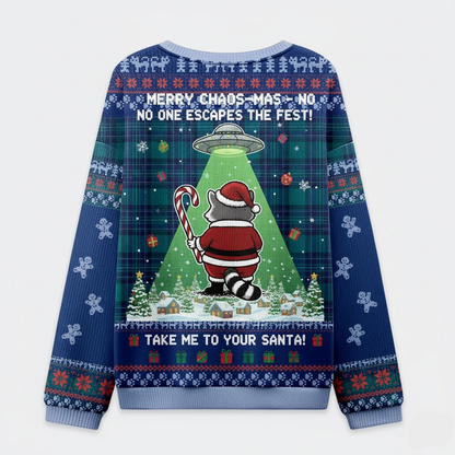 🛸 Merry Chaos-mas Ugly Christmas Sweater – Alien Abduction Raccoon Holiday Jumper