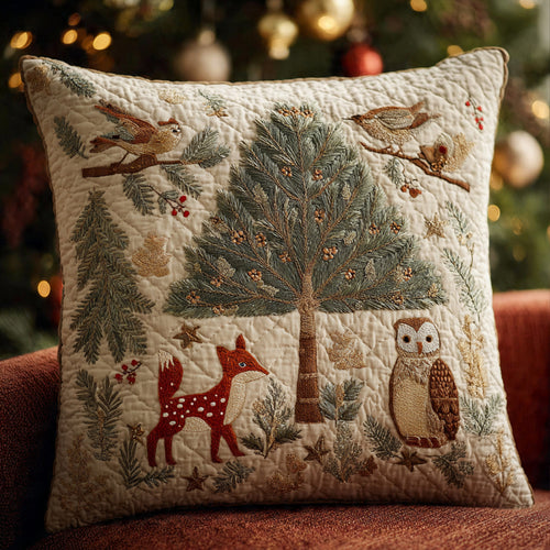 Woodland Christmas Pillow — Pine Tree Scene with Fox & Owl