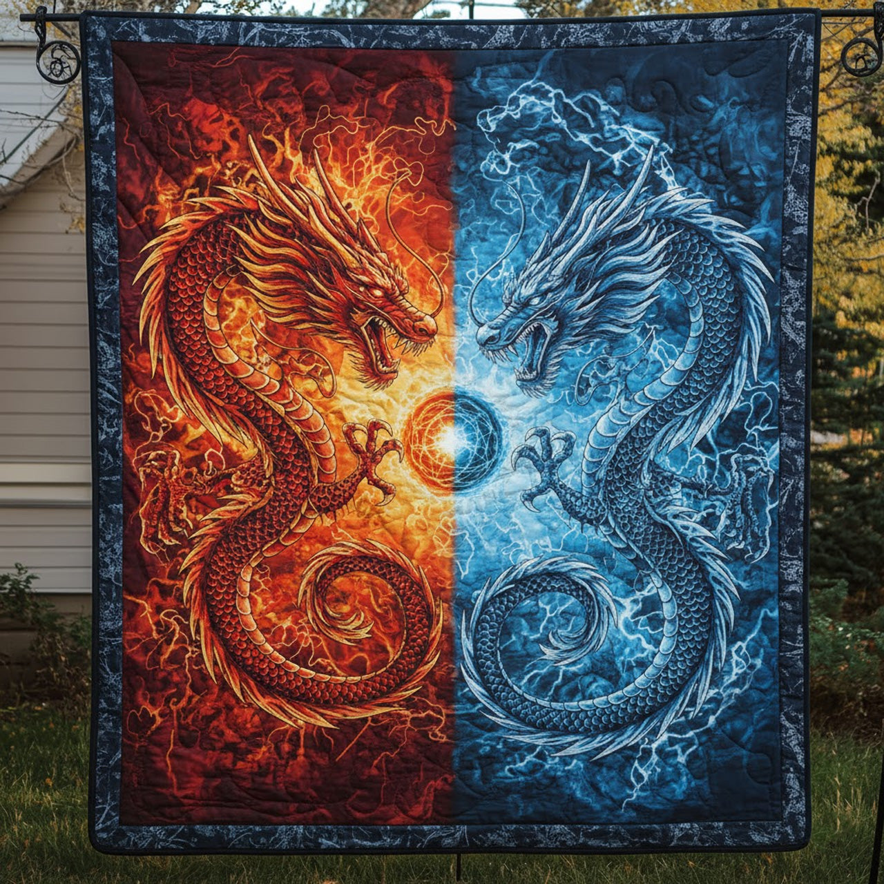 Fire & Ice Twin Dragons Yin Yang Power Quilt