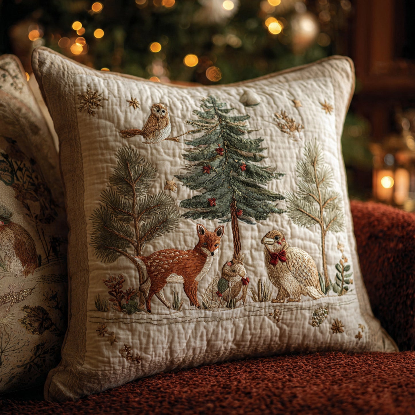 Forest Friends Holiday Pillow — Deer, Bunny & Owl Under Snowy Pine
