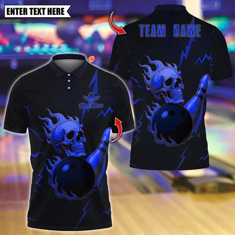 Custom Bowling Polo Shirt, Metal Skull Bowling Design, Personalized Bowling Polo for Men Women, Personalized Name Team 3D Shirt