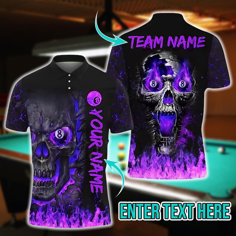 Custom 3D Billiards Polo Shirt – 8 Ball Skull and Fire Design | Custom Name and Team | Multicolor Sport Jersey, Gift For Dad, For Man.