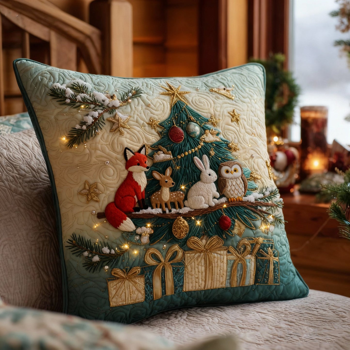Lit Woodland Tree Pillow — Fox, Fawn, Bunny & Owl with Gifts